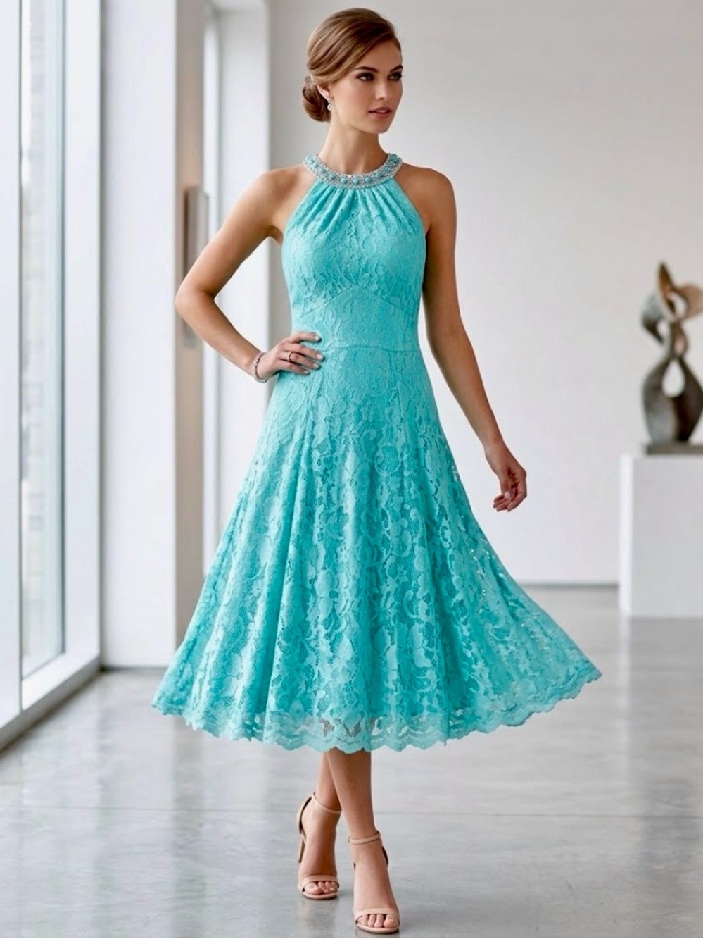 Vintage Cindy USA fit and flare lace halter dress jeweled neckline satin lined L